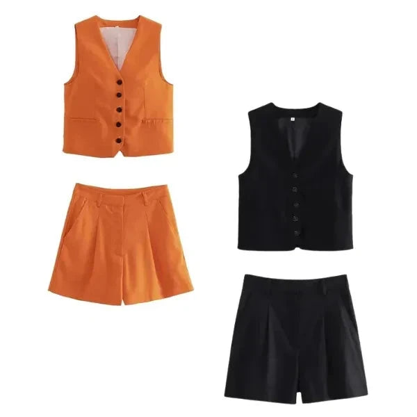 Conjunto Feminino em Alfaiataria - Colete e Shorts no Linho (Promoção Compre 1 Leve 2) Conjunto Feminino MRL-086 Miralleve Laranja + Preto P