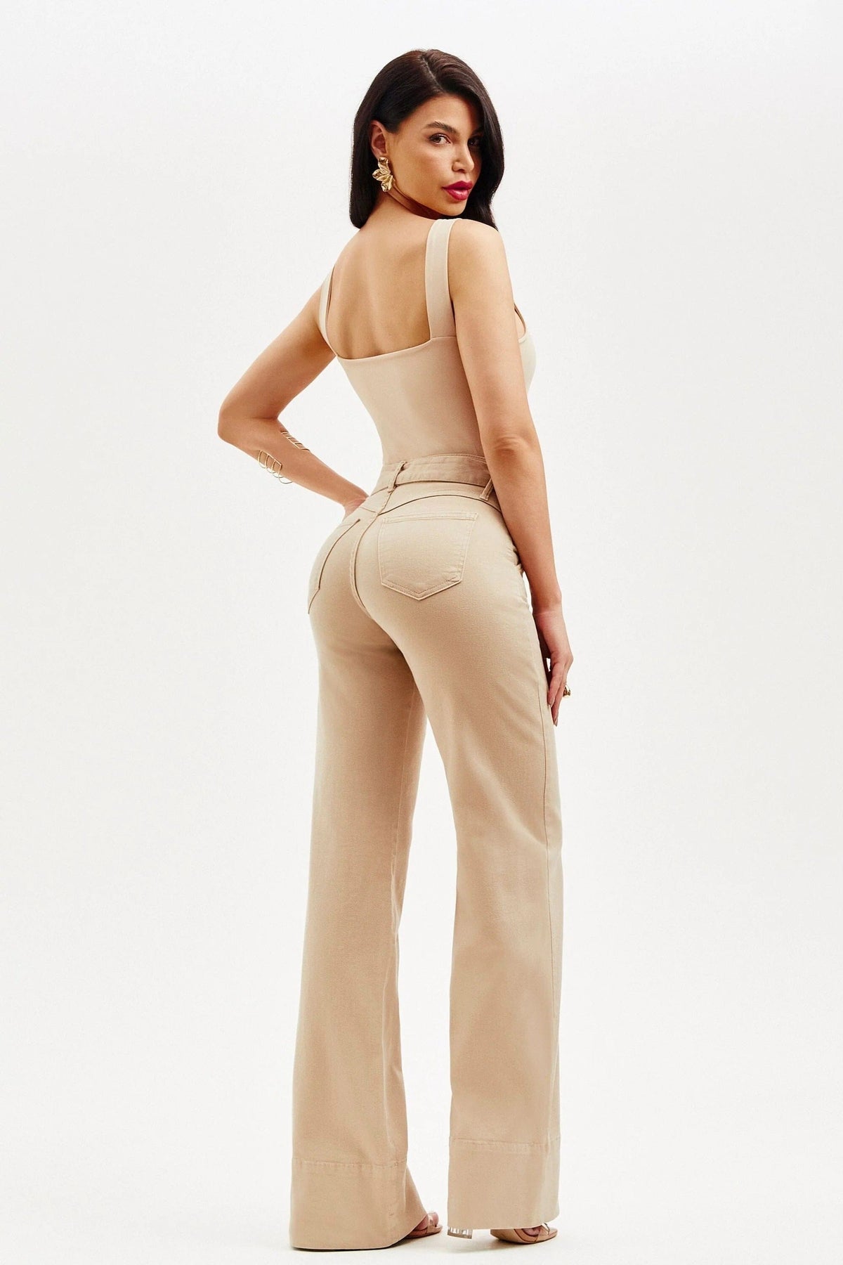 Calça Jeans de Rica Tecnológica Wide Leg Nude Cós Médio Calça Jeans MRL-122 Miralleve 