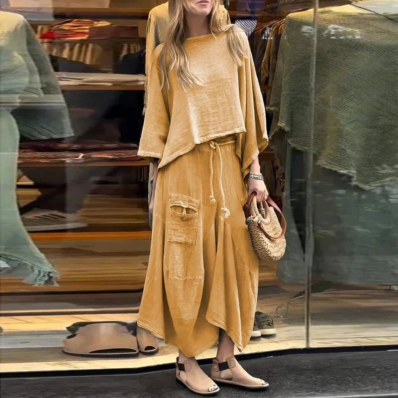 Conjunto Feminino em Linho e Algodão Vintage - [Frete Grátis] Conjunto Feminino MRL-035 Miralleve Amarelo P 